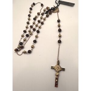 Anthony Jacobs Men's Genuine Tiger's Eye Rosary Necklace Gold Tone New